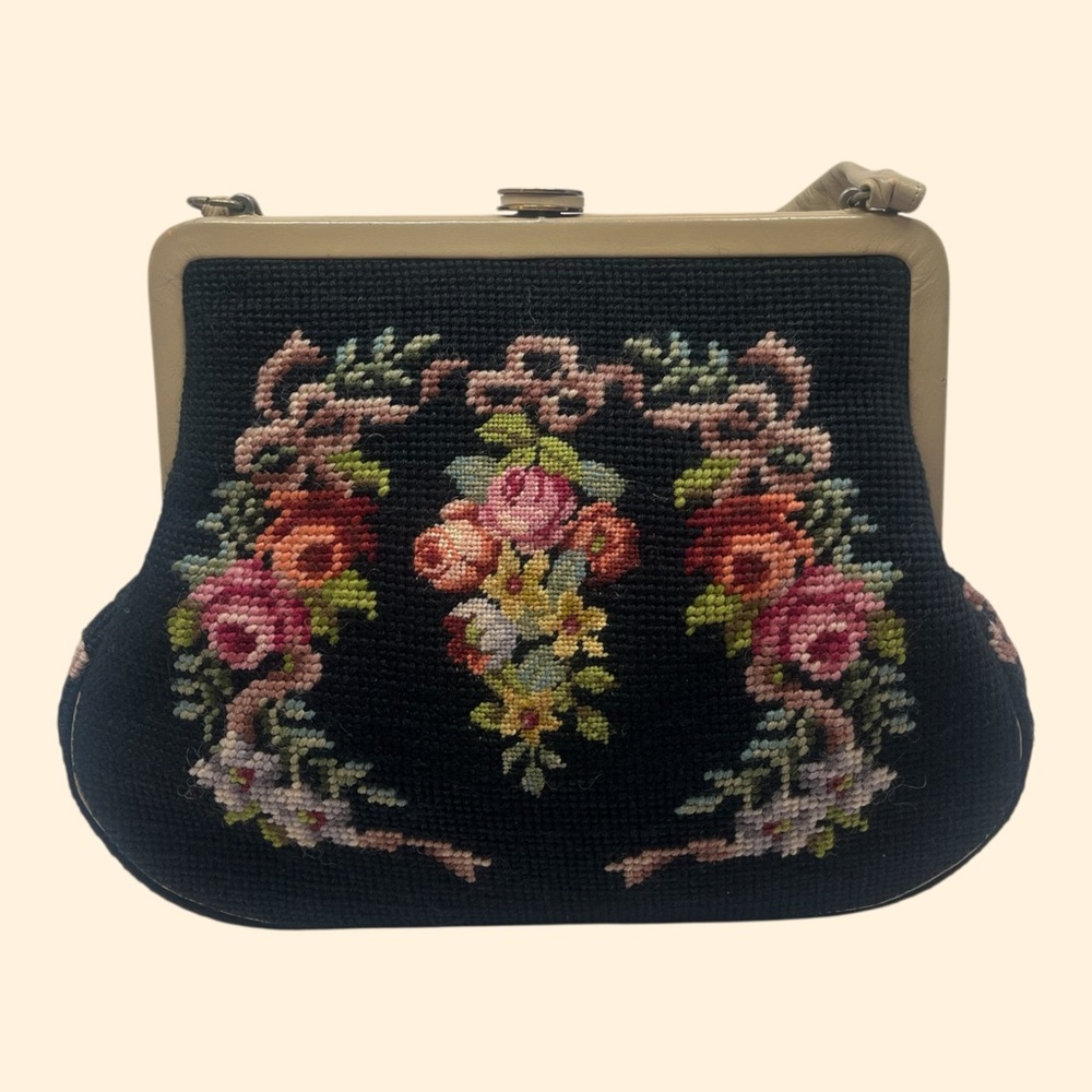 1960s Vintage Black Floral Needlepoint Handbag